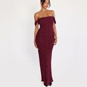 Princess Polly Azura Off The Shoulder Maxi Dress Burgundy NWT